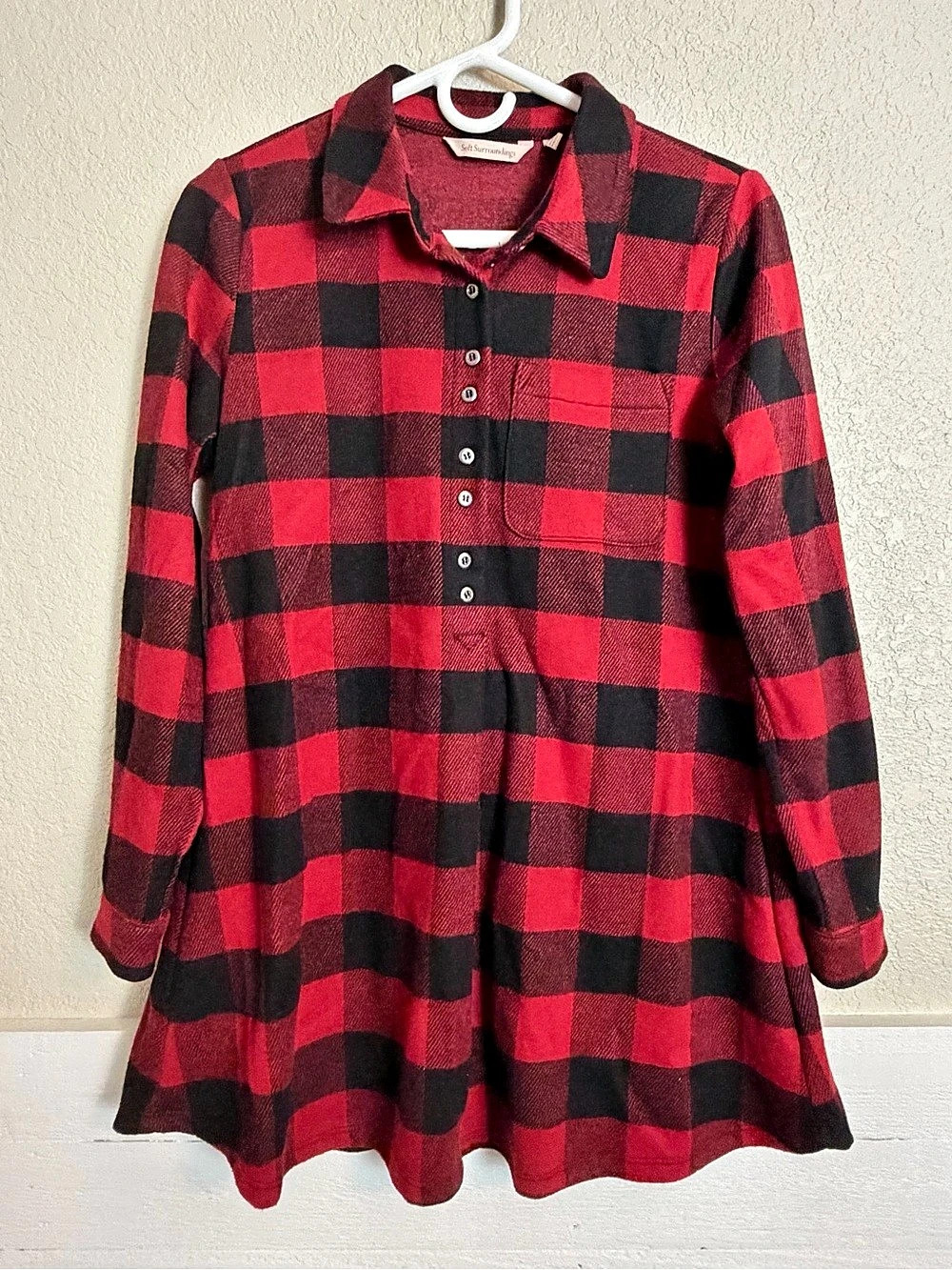 Soft Surroundings Plaid Tunic Red & Black Top Popover Long Sleeve Size XS